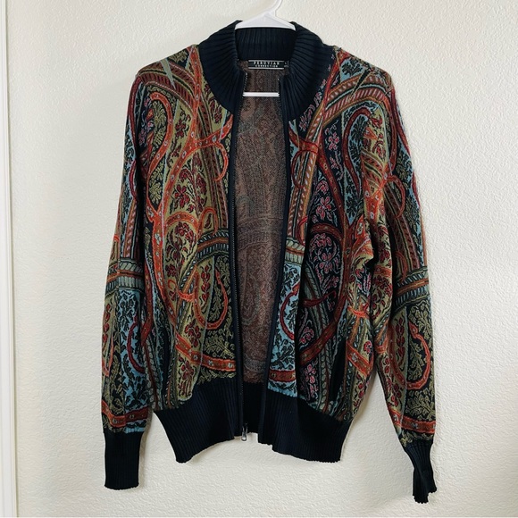 Peruvian Connection Paisley Zip Cardigan Pima Cotton Tencel Knit Sweater | Large - Picture 6 of 8